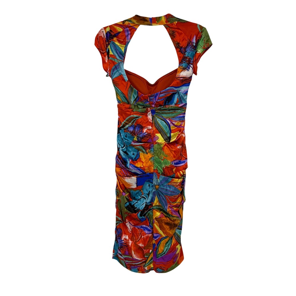Vintage Cache Dress Size 2 Orange Abstract Floral Open Back Silk Blend Y2K Midi - Picture 2 of 6
